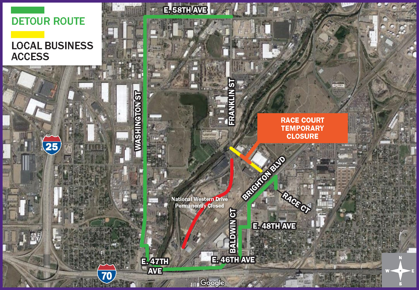 Detour map outlining the driving route around the May 8 Race Court closure.