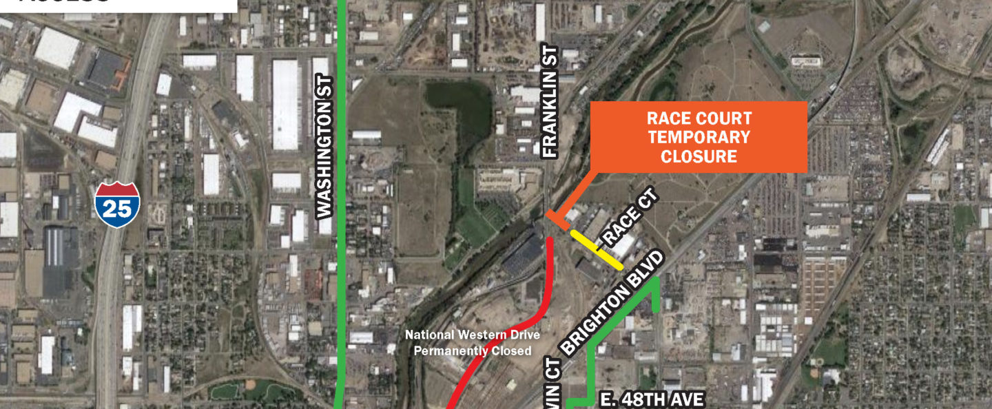 A map depicting the detour route around the closure at Race Court using 58th Ave. and Washington St.