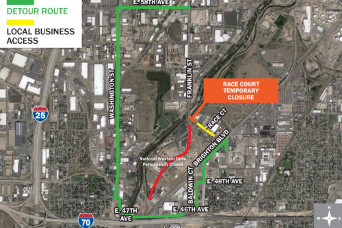 A map depicting the detour route around the closure at Race Court using 58th Ave. and Washington St.